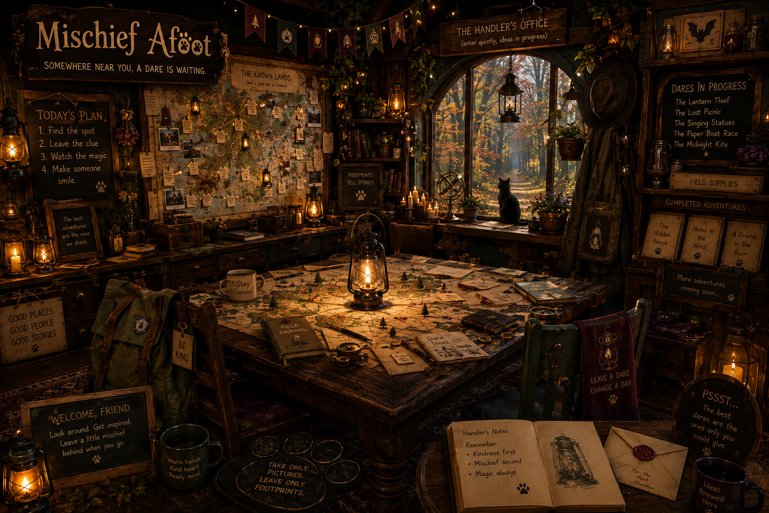 A warm cartographer's study filled with maps, notes, candles, and a desk prepared for writing.