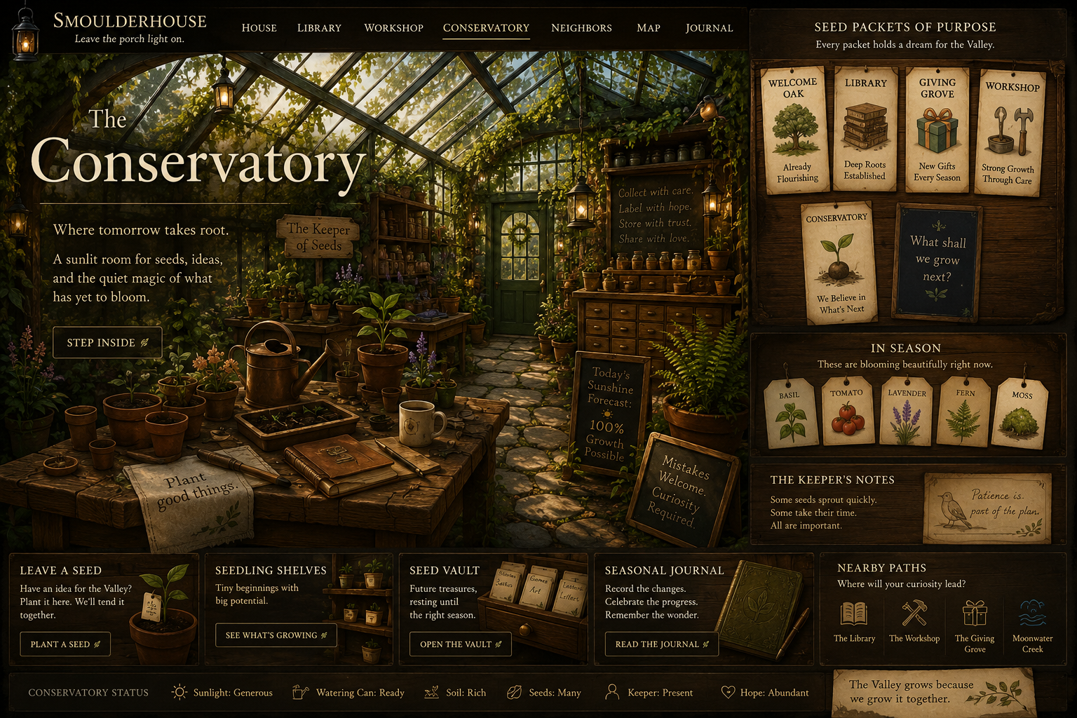 The sunlit Conservatory of Smoulderhouse, filled with seedlings, seed packets, journals, terracotta pots, lanterns, watering cans, and a green door beneath an old glass roof.