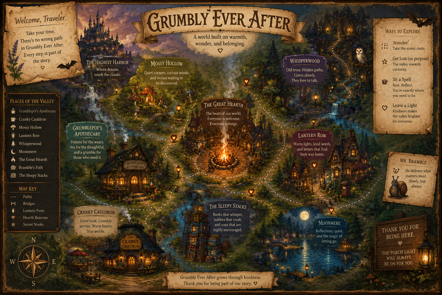 Illustrated map of Grumbly Ever After, including Grumblepot's Apothecary, the Great Hearth, Lantern Row, Mossy Hollow, Whisperwood, Moonmere, and the Sleepy Stacks.