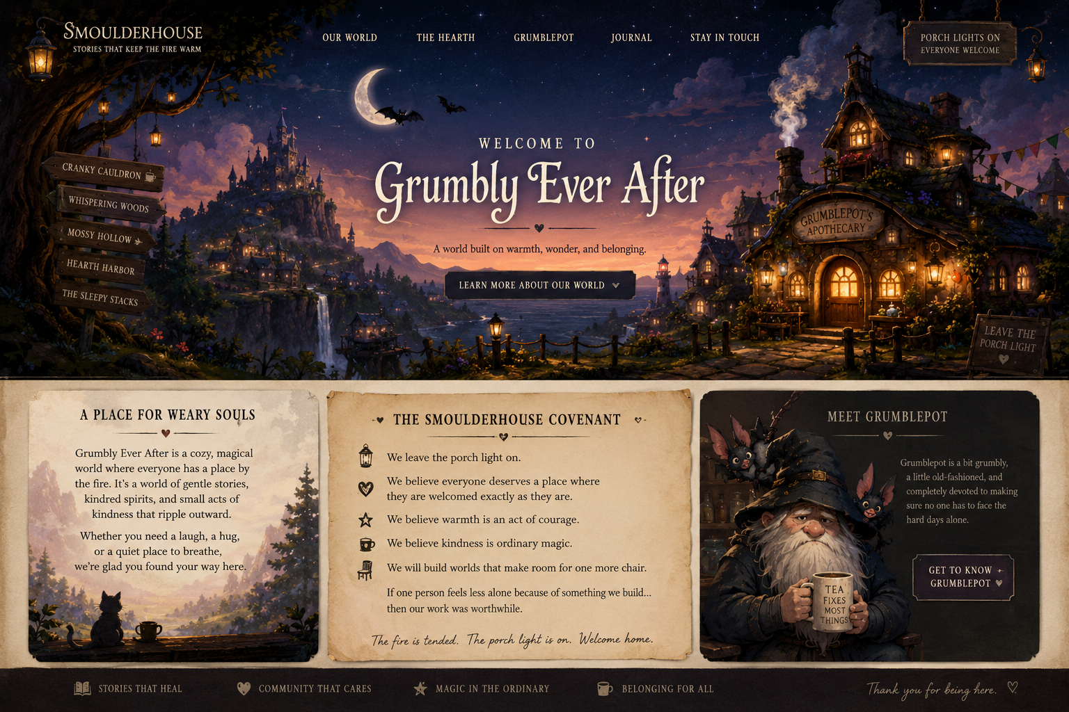 A sweeping moonlit view of Grumbly Ever After, with Grumblepot's Apothecary, lantern paths, a distant castle, and the words welcome to Grumbly Ever After.