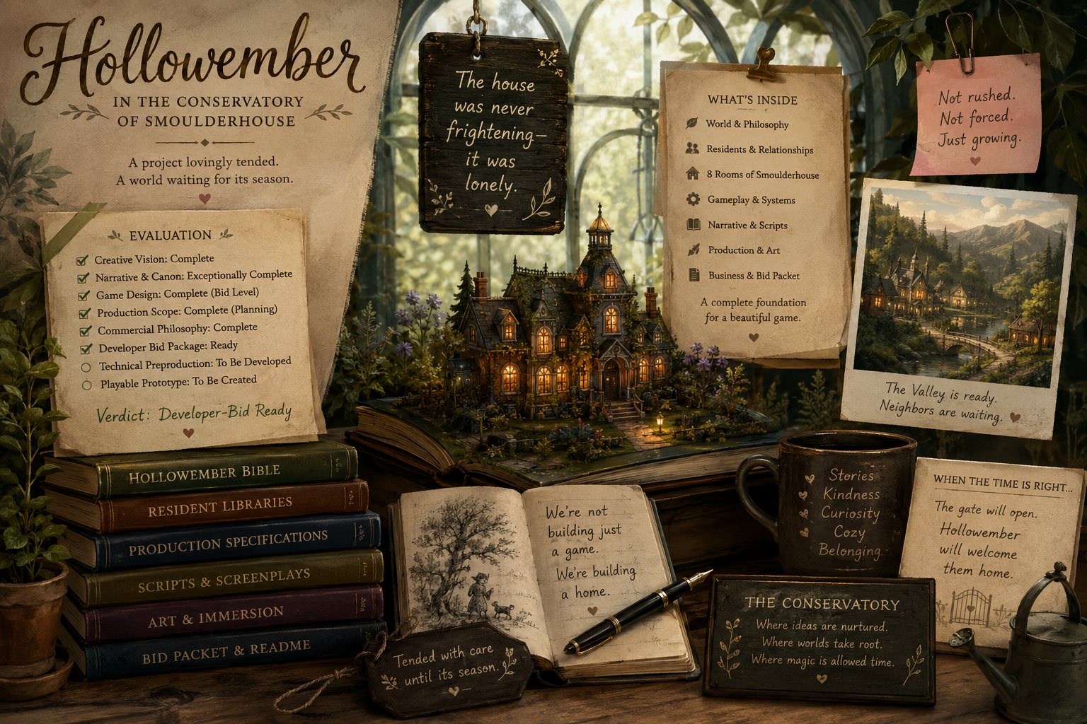 A detailed illustrated Hollowember project archive with the mansion, residents, rooms, story pages, and production notes gathered in the Smoulderhouse Conservatory.