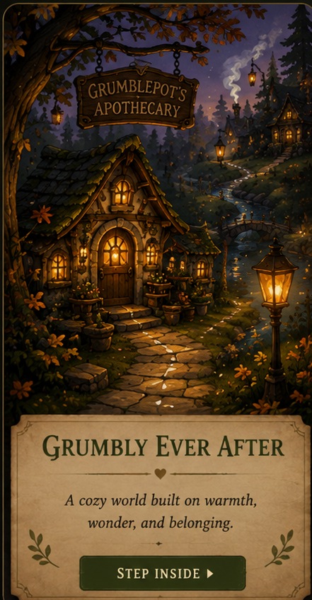 Grumbly Ever After invitation plate showing Grumblepot's lantern-lit apothecary and a winding path through a warm, peculiar village.