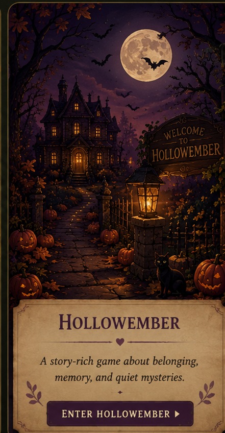 Hollowember invitation plate showing an old lantern-lit house beneath a full moon, bats, pumpkins, and a watchful black cat.
