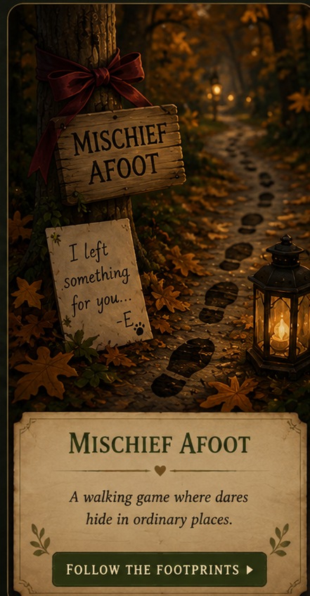Mischief Afoot invitation plate showing hidden footprints, a lantern, and Edgar's note tied to a tree along an autumn path.