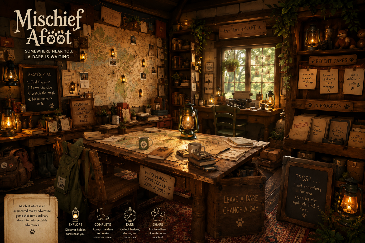 A warm, lantern-lit cartography workshop filled with maps, field notes, boots, and a table prepared for a playful expedition.