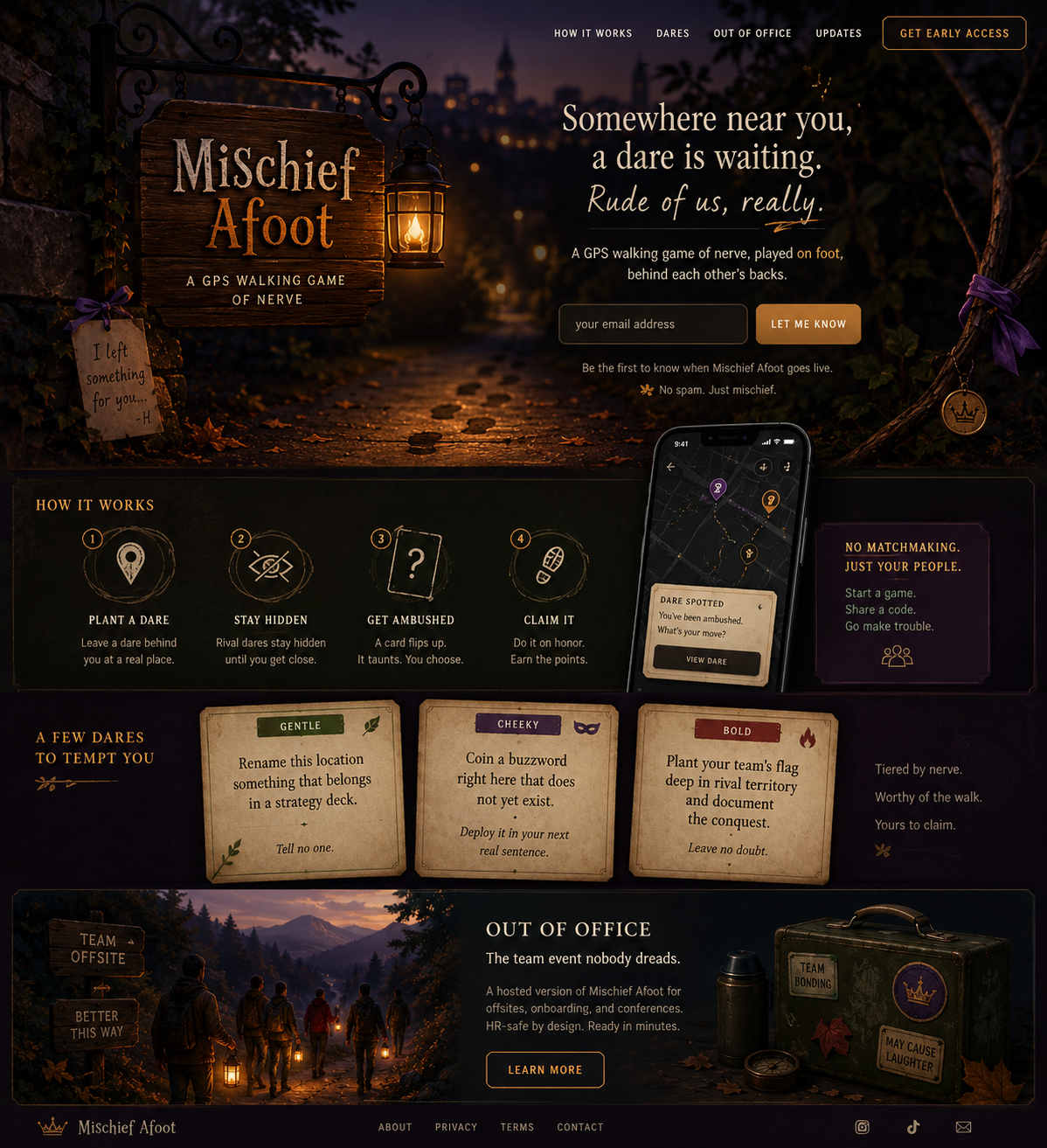 A concept board for Mischief Afoot showing a lantern-lit forest path, game screens, and playful dare cards.