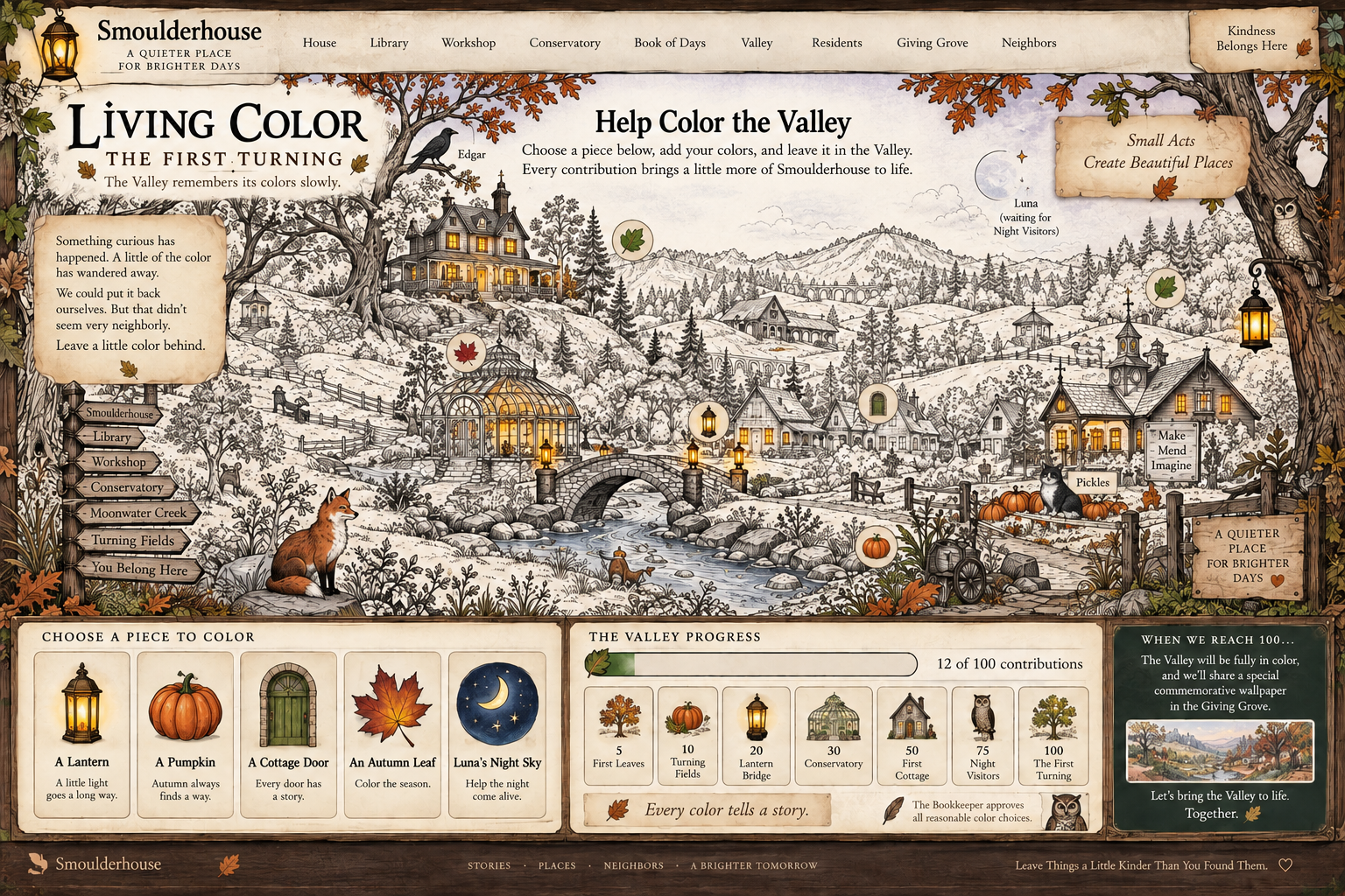 The First Turning mural: an illustrated ink-and-parchment view across Smoulderhouse Valley.
