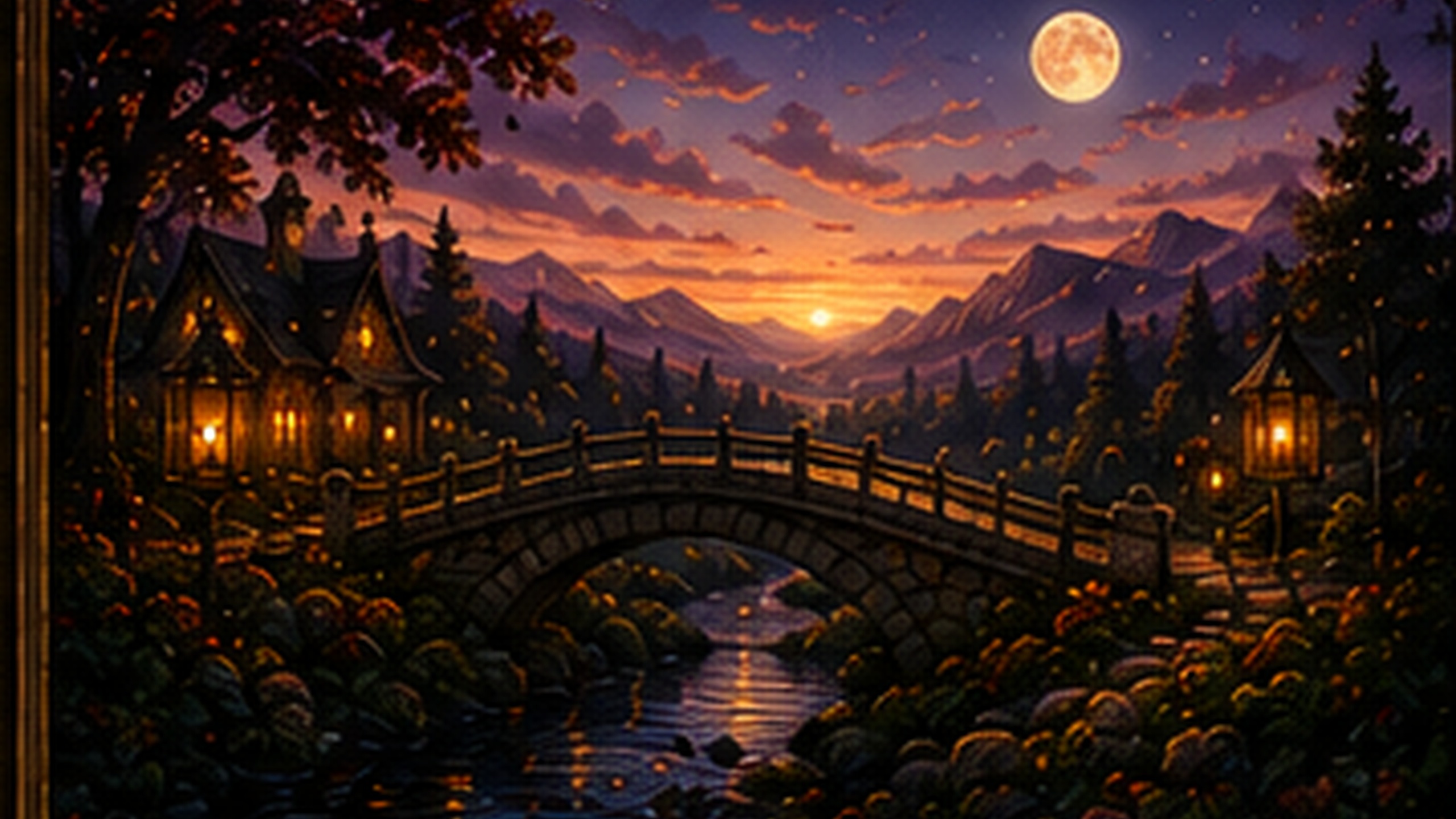 Lantern Bridge crossing Moonwater Creek at dusk, with warm lanterns glowing beneath the autumn moon.