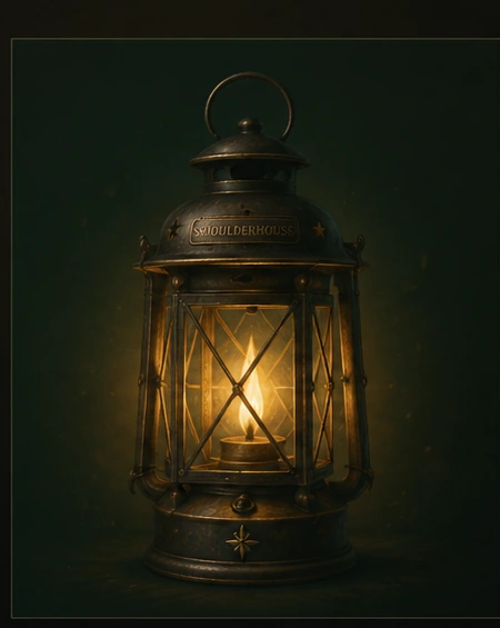 An old brass Smoulderhouse lantern glowing warmly against deep green darkness.