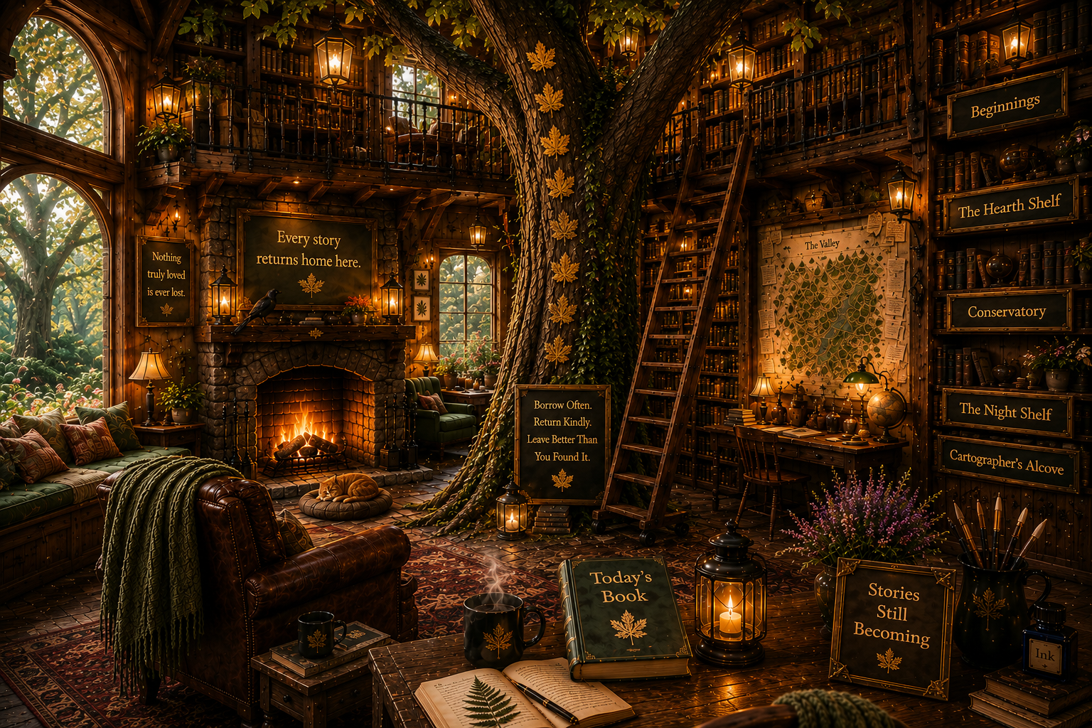 The warm two-story Library of Smoulderhouse, with bookshelves, a glowing hearth, reading chairs, lanterns, the Atlas, and a great branch of the Welcome Oak rising through the room.