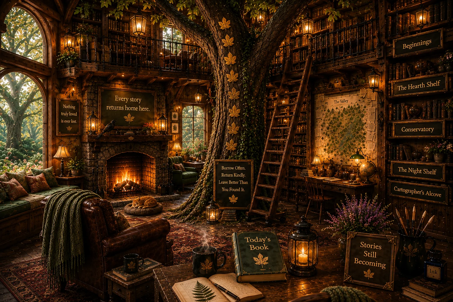 The Library glowing with warm interior light.