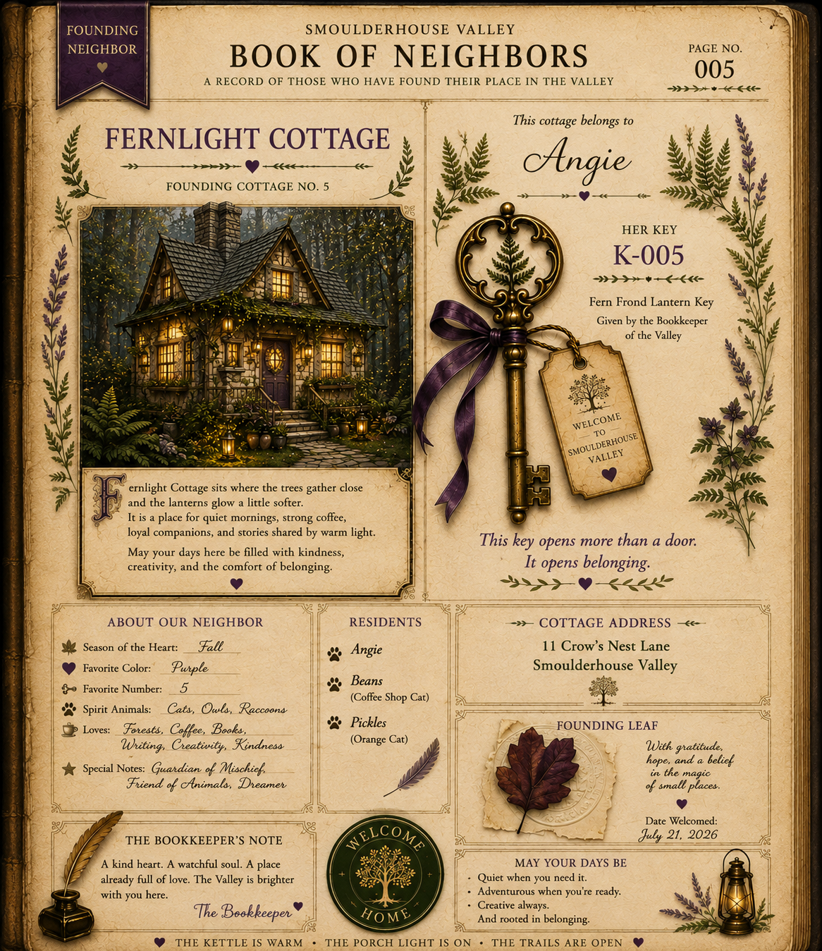 The Bookkeeper’s welcome page for Angie at Fernlight Cottage