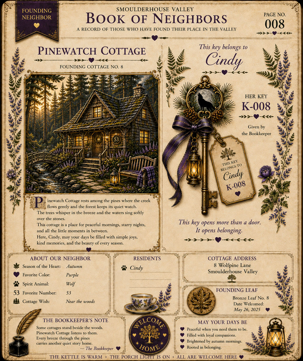 Book of Neighbors page for Cindy at Pinewatch Cottage, Founding Cottage No. 8