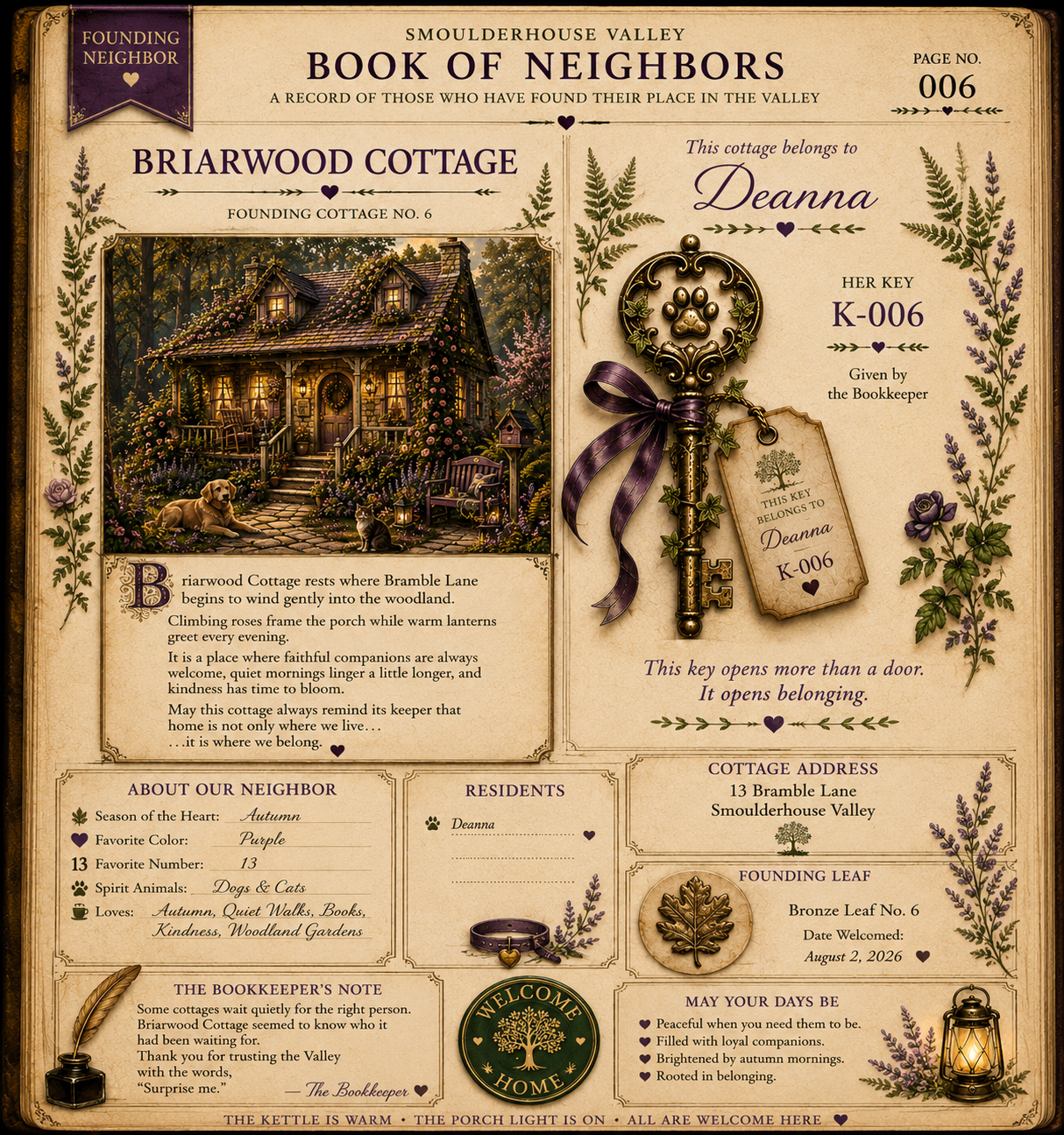 Book of Neighbors page for Deanna at Briarwood Cottage, Founding Cottage No. 6