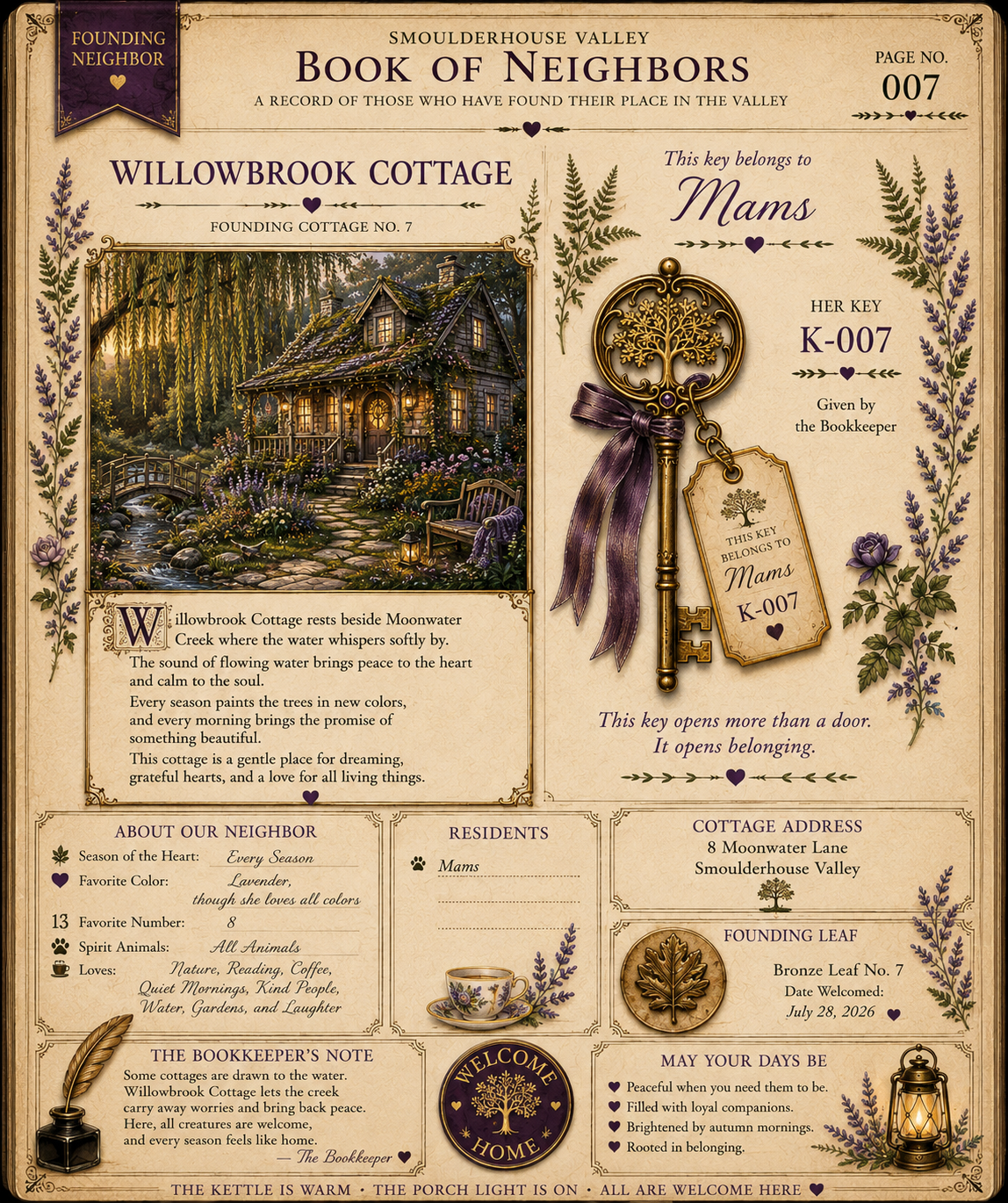 Book of Neighbors page for Mams at Willowbrook Cottage, Founding Cottage No. 7