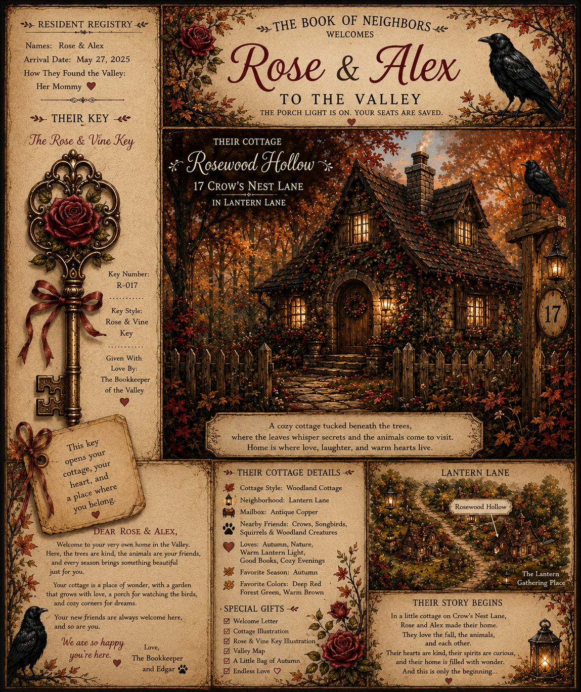 The Bookkeeper’s welcome page for Rose and Alex at Rosewood Hollow