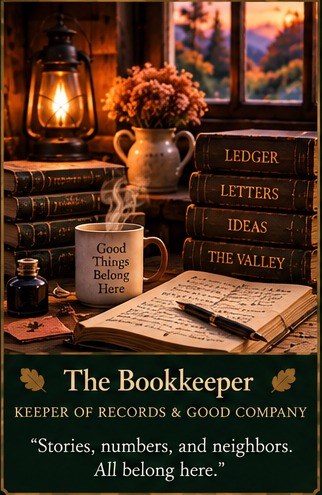 The Bookkeeper's warm desk with ledger, letters, lantern, and coffee.