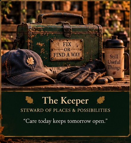 The Keeper's well-used field kit, gloves, cap, and tools for tending Smoulderhouse.