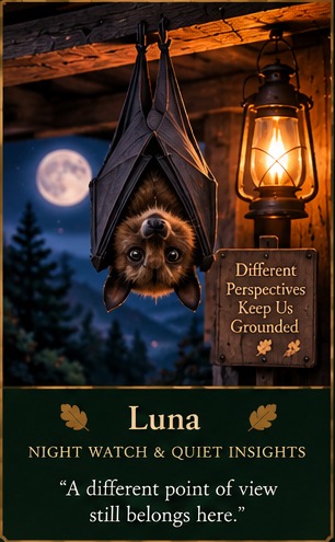Luna the bat hanging beside a warm lantern under the moon.