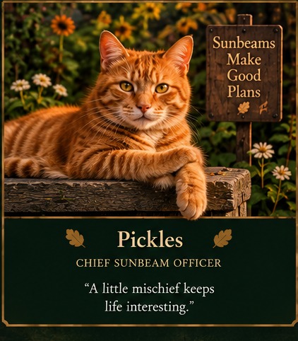 Pickles, an orange tabby cat resting in the sunshine.