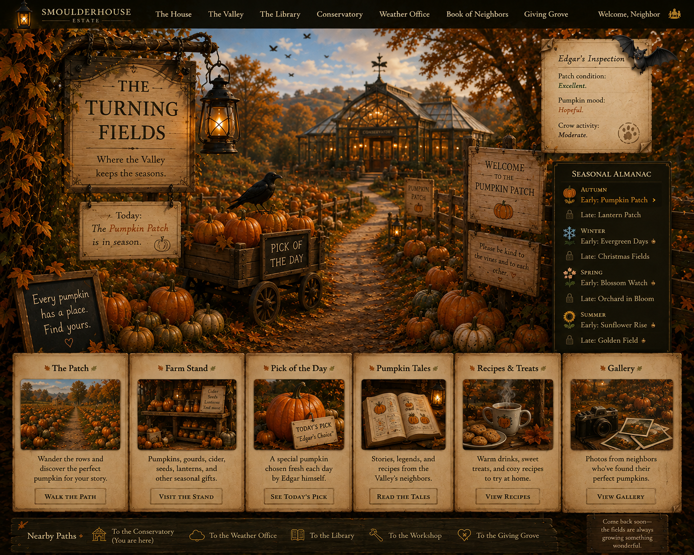 The early autumn Pumpkin Patch beside the Conservatory, with rows of pumpkins, lanterns, Edgar the crow, a farm wagon, and a seasonal almanac.
