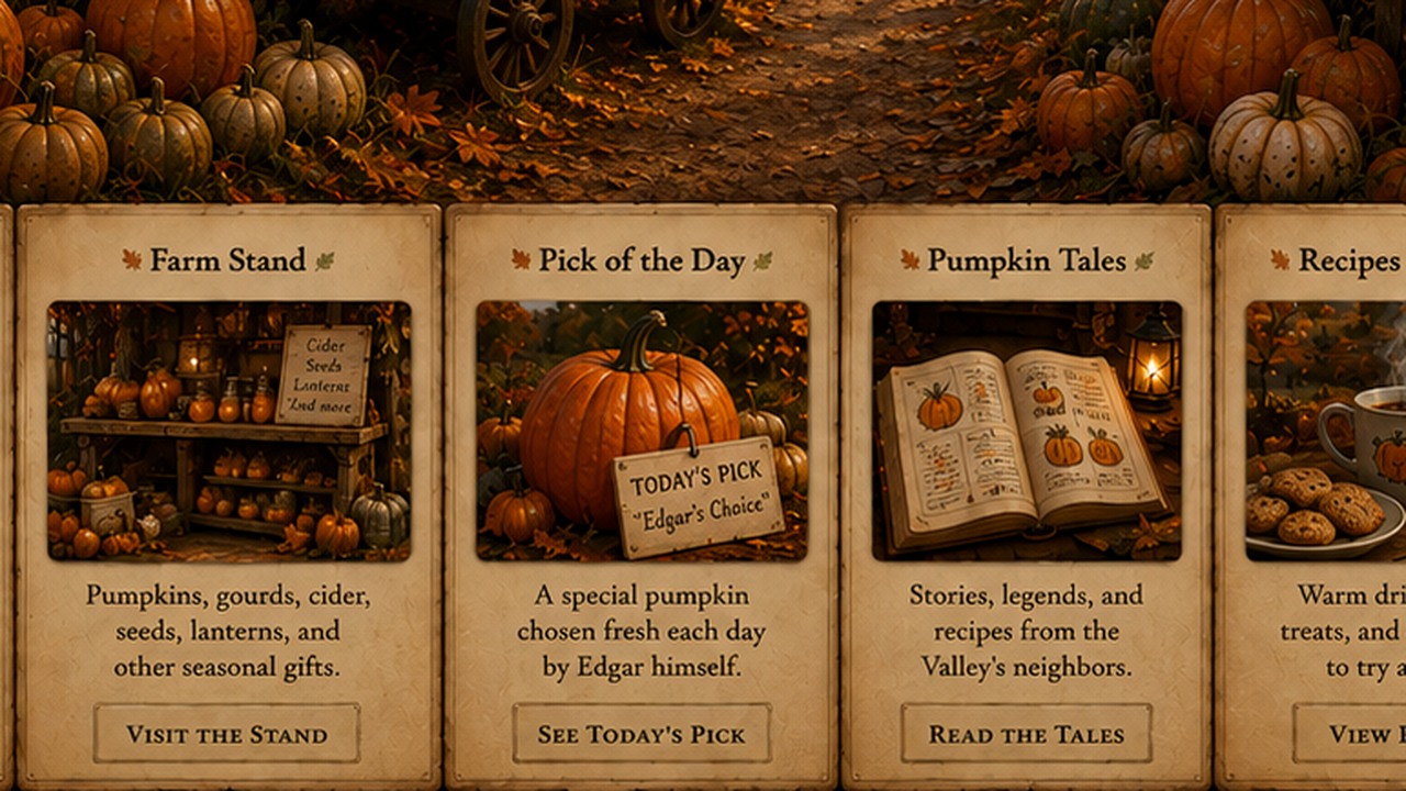A cozy early autumn farm stand scene with pumpkins and warm lantern light.