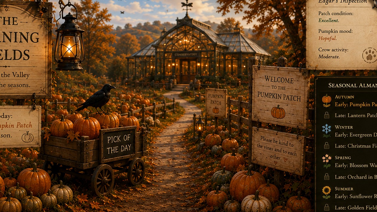 The Pumpkin Patch at first light, with rows of pumpkins and the Conservatory glowing in the distance.