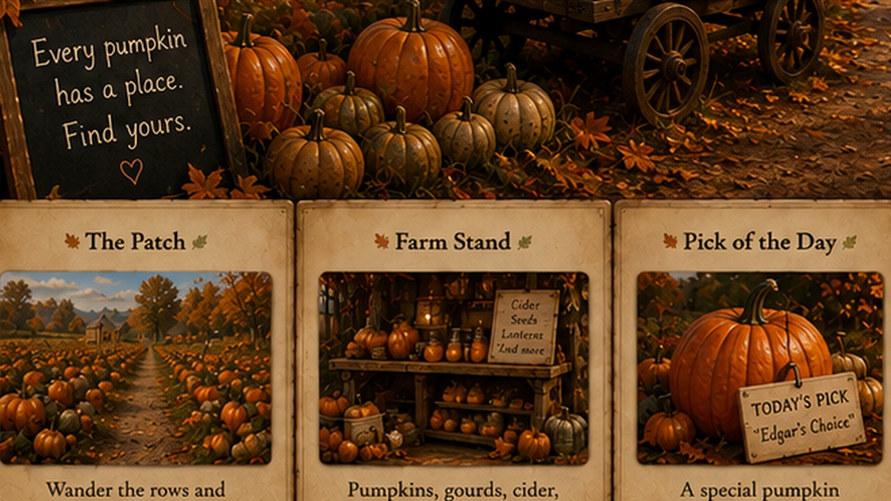 The early Pumpkin Patch farm stand with pumpkins, gourds, cider, seed packets, and lanterns beneath a warm awning.