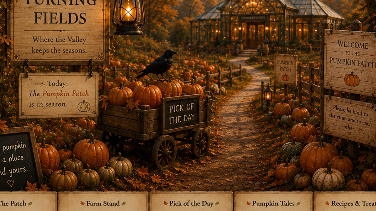 A lantern-lined path through the early Pumpkin Patch, with pumpkins, leaves, and the Conservatory glowing beyond.
