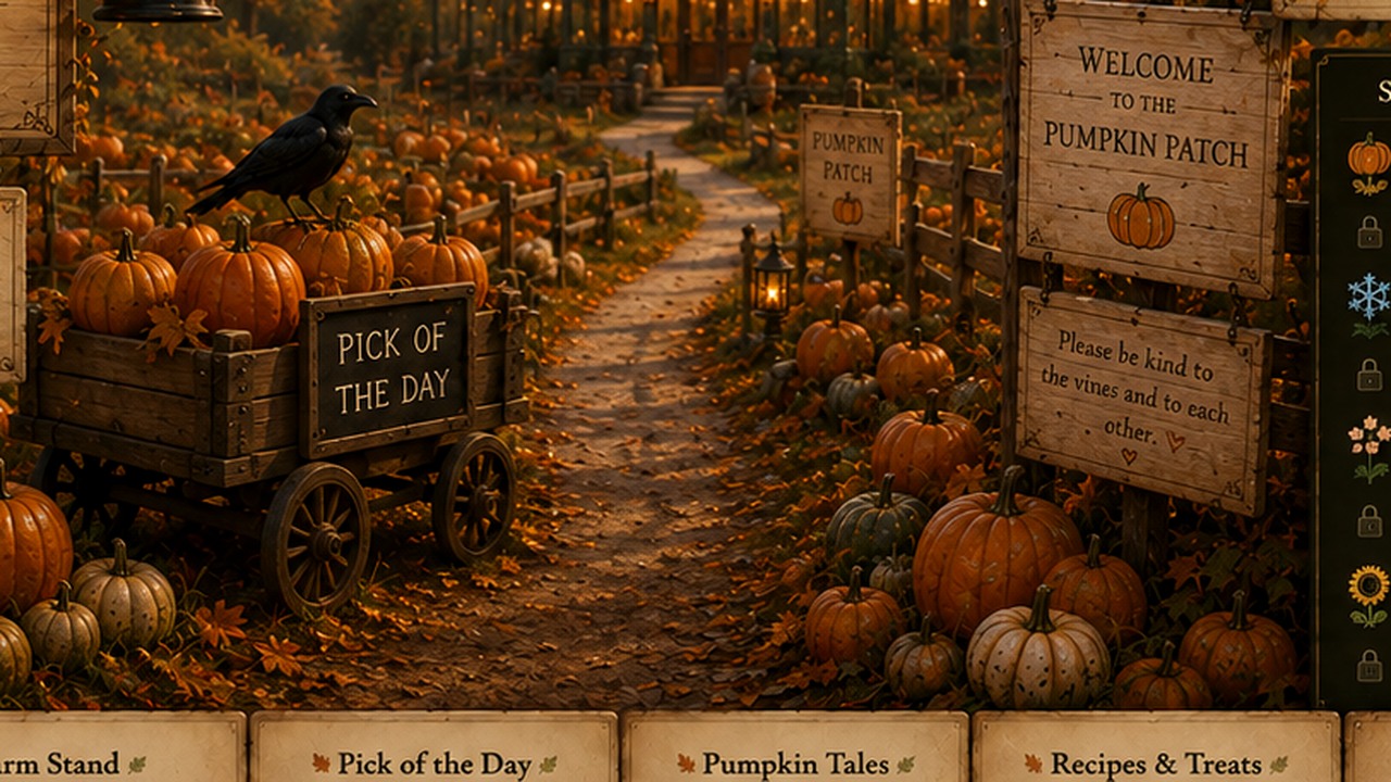 A quiet pumpkin field path leading toward the glowing Conservatory in early autumn.