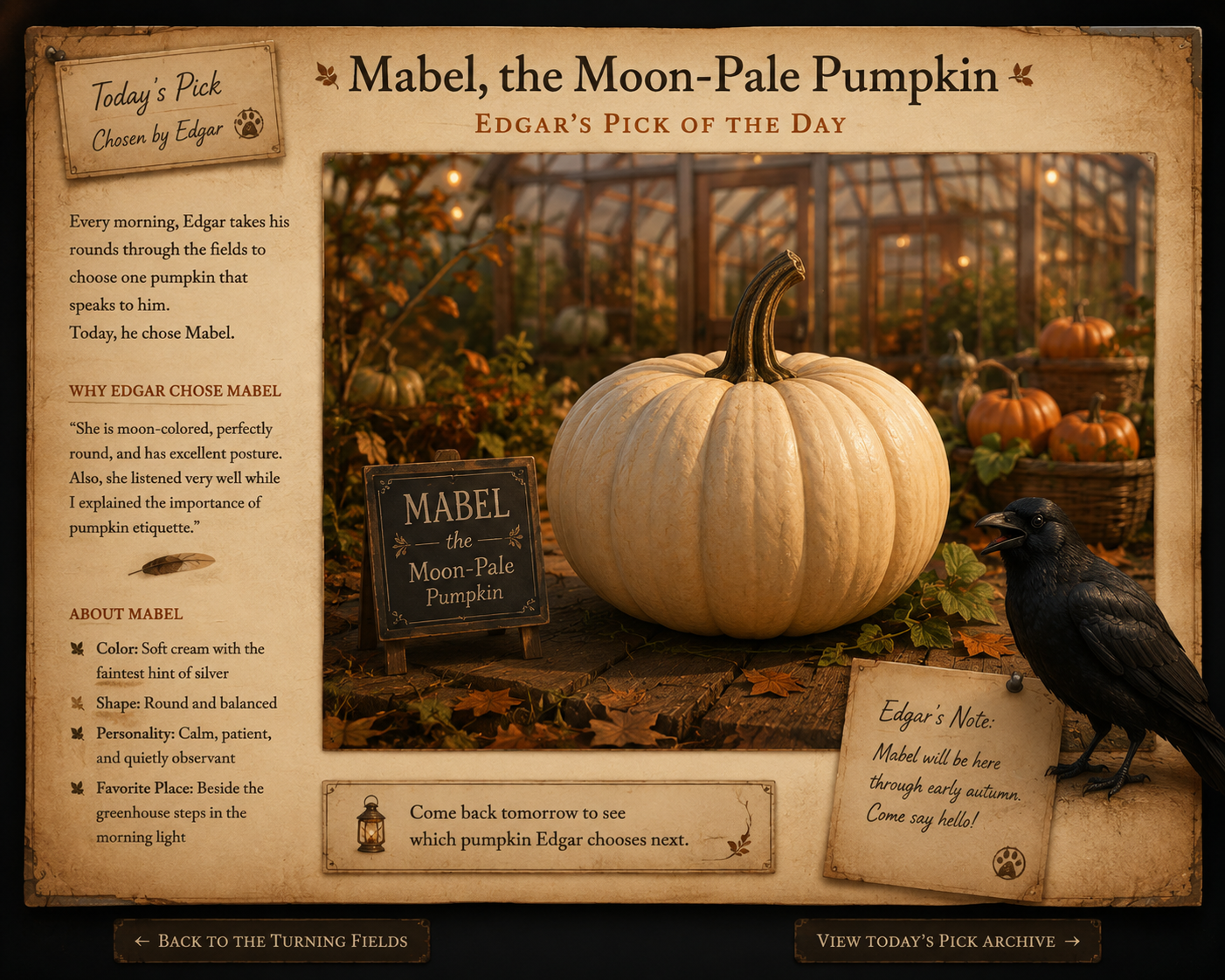 Mabel, a moon-pale pumpkin in the early autumn patch, with Edgar the crow standing beside her.