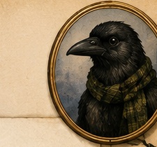Portrait of Edgar the raven wearing his weather scarf.