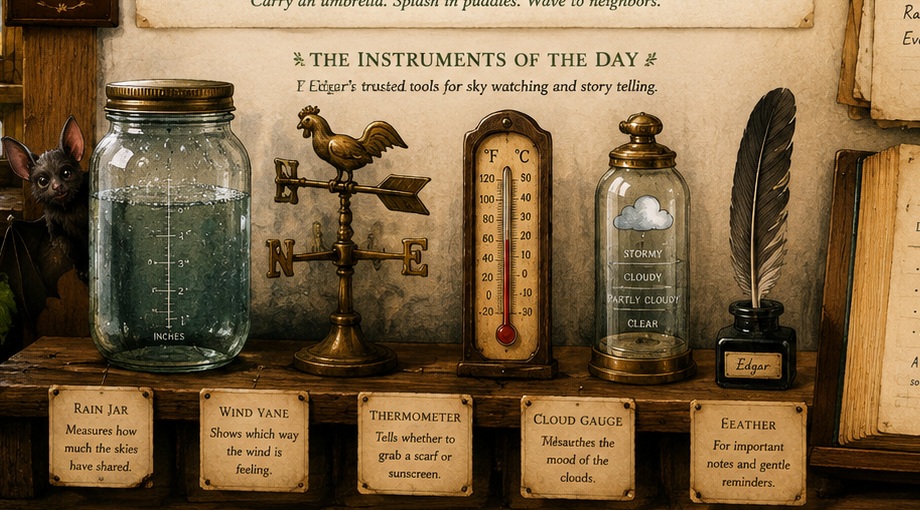 Weather instrument shelf with a rain jar, a tiny bat peeking from behind it, a brass wind vane, thermometer, cloud gauge, Edgar’s feather, and handwritten labels.