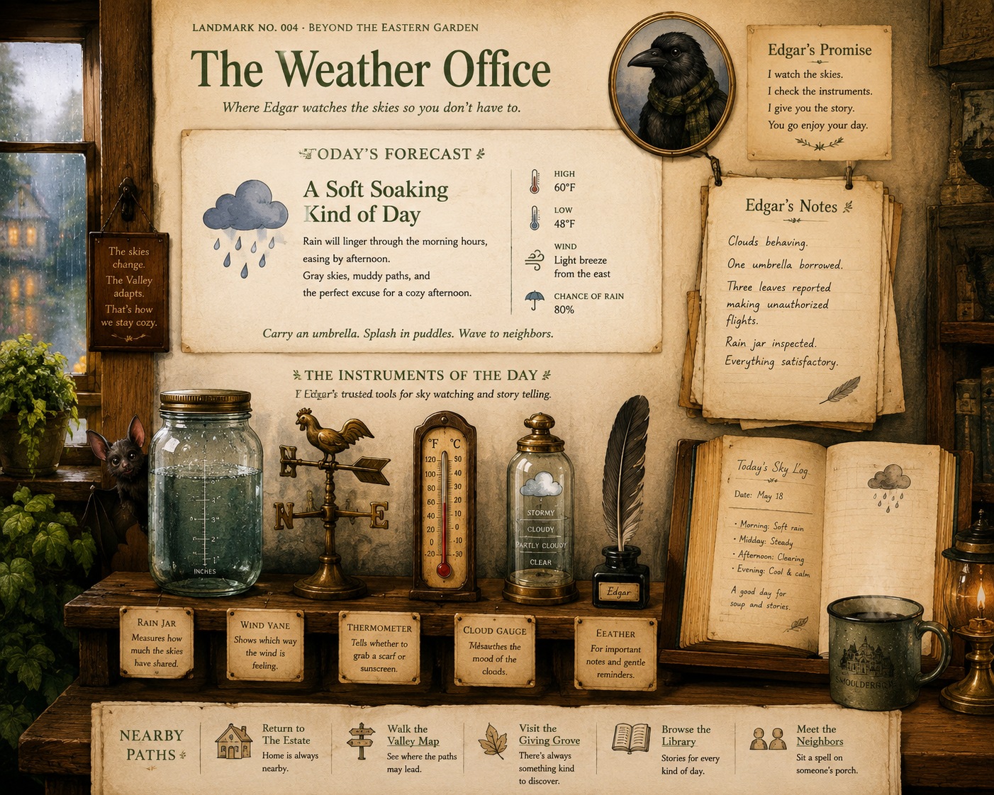Edgar’s warm Weather Office, with rain at the window, forecast papers, instruments, a sky log, and a small bat peeking behind the rain jar.