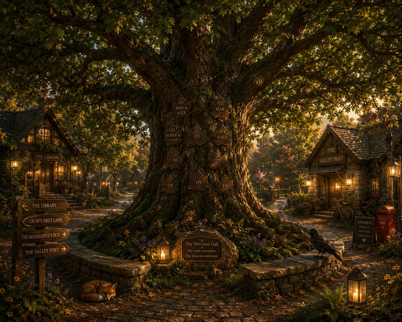 The Welcome Oak in a warm village green, with branching paths, lanterns, stone benches, cottages, and evergreens beyond.