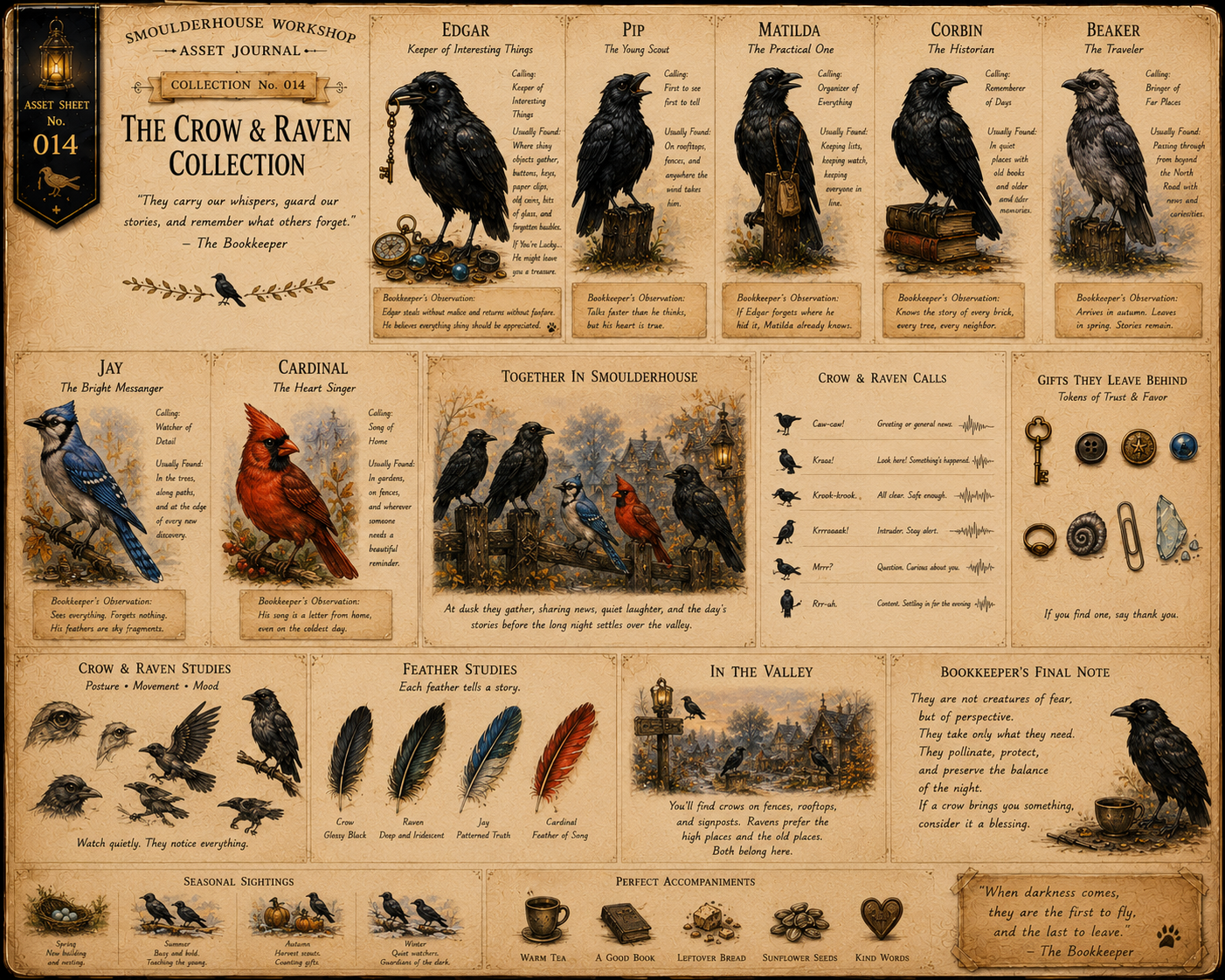 Edgar with his crow and raven friends, a bright blue jay, and a red cardinal in the Smoulderhouse bird collection.