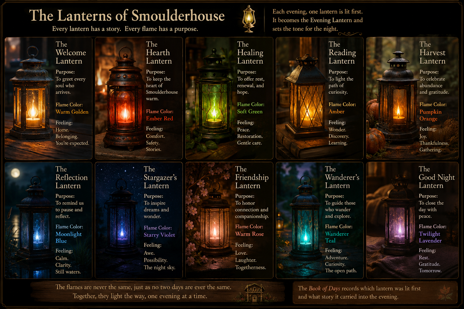 An illustrated collection of the many glowing lanterns of Smoulderhouse, each with a distinct flame and purpose.