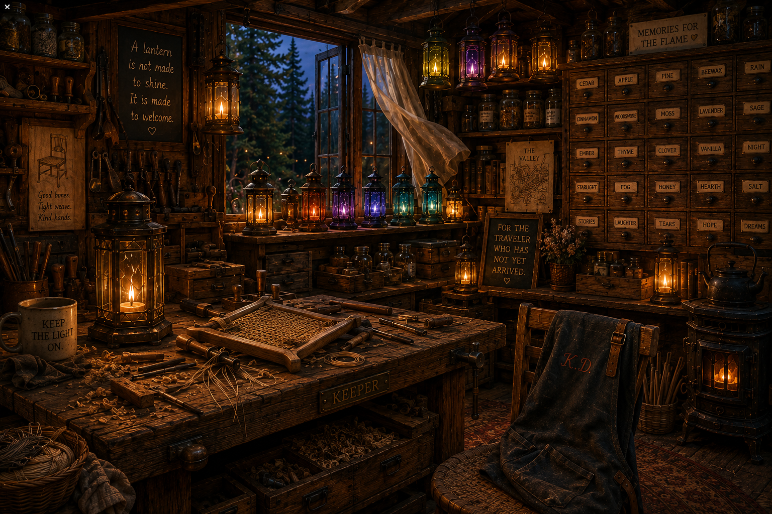 A warmly lit rustic lantern workshop filled with cedar workbenches, brass tools, glowing lanterns, drawers, and autumn light.