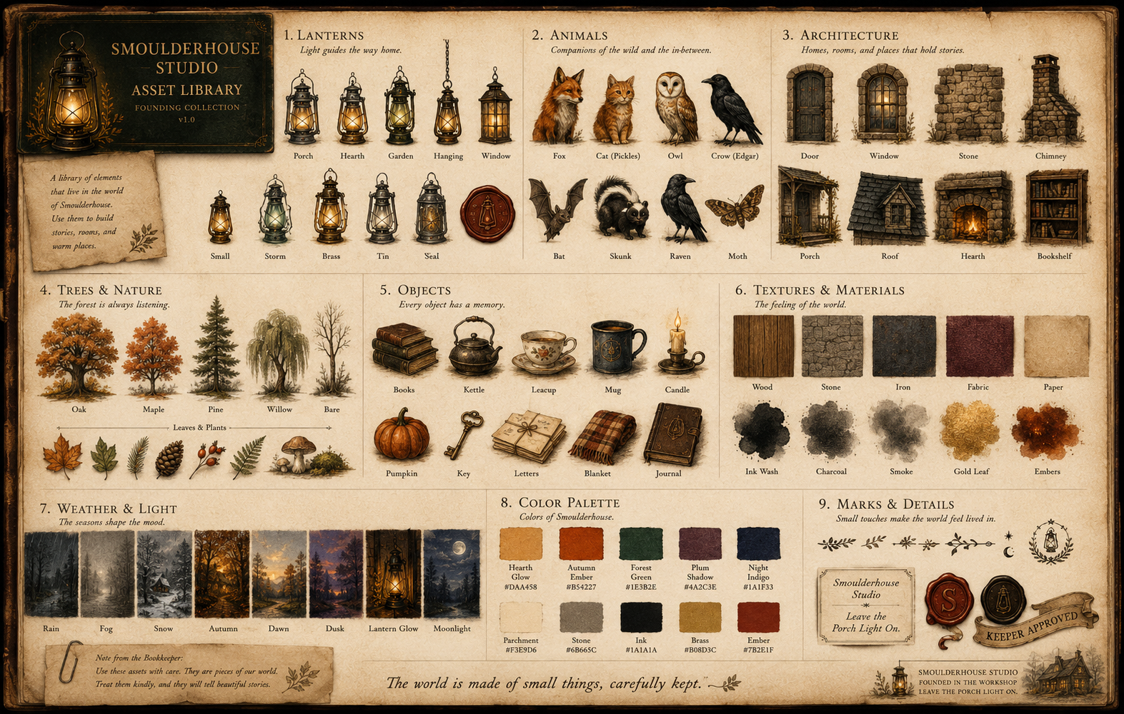 An illustrated Smoulderhouse asset journal page with lanterns, animals, architectural details, and autumn elements.