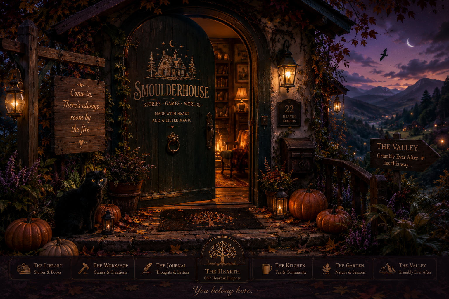 An open green door glowing with warm firelight at an autumn cottage, with lanterns, pumpkins, a cat, and a path at dusk.